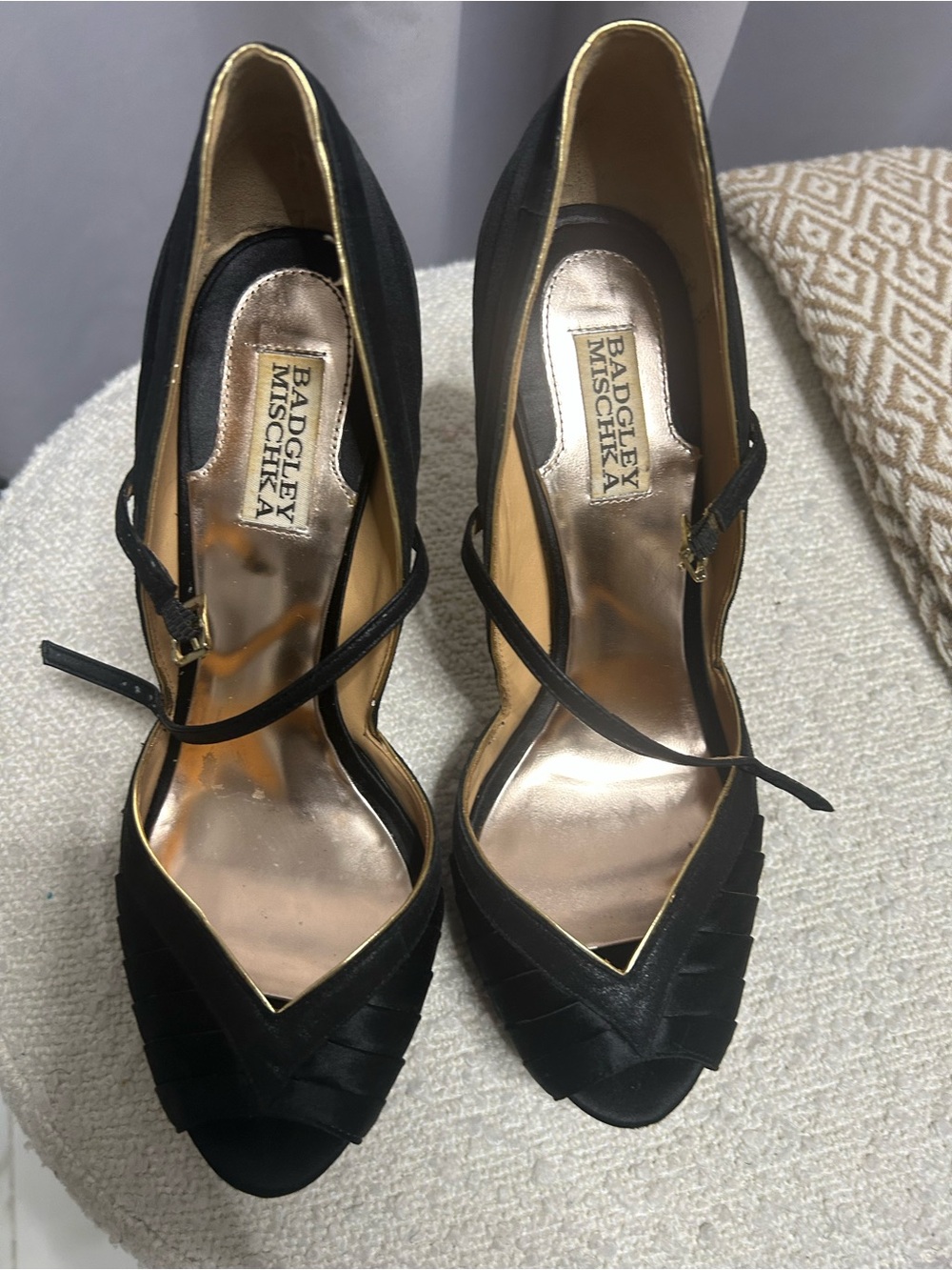 Badgley Mischka Black Satin Peep-Toe Heels with Gold Lining